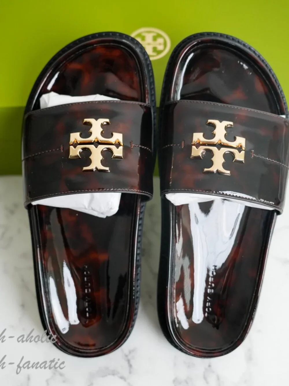 Tory Burch Everly Anatomic Lug Slide Sandal in Tortoise Patent Leather 7/7.5/8